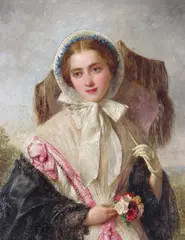 Portrait of a young lady with a parasol and flowers Signed and dated by Edward Hughes, 1859, Oil on canvas, sold Mar 2017