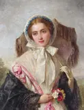 Portrait of a young lady with a parasol and flowers Signed and dated by Edward Hughes, 1859, Oil on canvas, sold Mar 2017