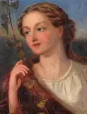 Portrait of a young lady holding a stem of ivy Signed and dated 1856 Oil on board 23 x 17.75cm; 9 x 7in by James Smetham, 1856, Oil on board, sold Mar 2017