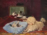 After Henriette Ronner-Knip Dogs and cats and kittens by Jan Hermanus Melcher-Tilmes, Oil on canvas, sold Mar 2017