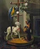 Toy dogs with a parrot on a pearch Signed Oil on canvas 61 x 51cm; 24 x 20in General condition report Unlined, good condition by P. Robinson, Oil on canvas, offered Mar 2017