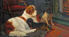 A St Bernard, a pug and a Dachshund seated by a fire Signed Oil on canvas, unframed 65 x 120cm; 25½ x 47¼in Provenance: Private Collection, Somerset by Jean Lefort, Oil on canvas, unframed, sold Mar 2017