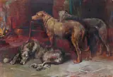 Deerhounds by a fire Signed Oil on canvas board 41 x 58cm; 16 x 23in Provenance: Private Collection, Somerset by Philip Eustace Stretton, Oil on canvas board, sold Mar 2017