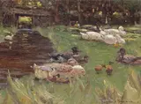 Ducks and chicks on a riverbank Signed Oil by John Patrick Downie, Oil on board, sold Mar 2017