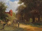 A woman on a road by a wood Signed with initials Oil on panel 24 x 31cm; 9½ x 12¼in by Joseph Thors, Oil on panel, offered Mar 2017