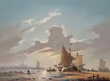 Fishing boats on the shore, a windmill beyond Signed Oil on board 30.5 x 40.5cm; 12 x 16in General condition report Good condition by Gudrun Sibbons, Oil on board, sold Mar 2017