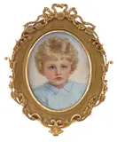 Portrait miniature of a child, in blue Signed Oval in a gilt frame and leather case 55 x 43mm by M. Kraftmeier, watercolor, sold Mar 2017