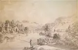 A fisherman in a river landscape Signed Pen and grey ink with by Anthony Devis, Pen and grey ink with watercolour, sold Mar 2017