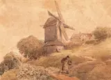 Figure on a path by a windmill Signed and dated 1850 Watercolour by David Cox Snr. O.W.S., 1850, Watercolour over pencil, sold Mar 2017
