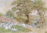 Sleeping shepherd and sheep in a landscape Studio stamped by Myles Birket Foster, Watercolour over pencil heightened with white, offered Mar 2017