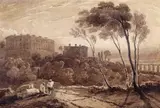 Figures in a landscape with a bridge and buildings beyond Signed by David Cox Snr. O.W.S., watercolour, sold Mar 2017