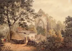 A ramshackle house by a ruined Abbey by James Bourne, Watercolour, offered Mar 2017