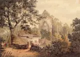 A ramshackle house by a ruined Abbey by James Bourne, Watercolour, offered Mar 2017