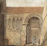 Figures by the city wall, Canterbury Part label verso Pen by Francis Grose, Pen, ink and watercolour on paper laid on linen, unframed, sold Mar 2017