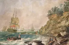 Shipping off the coast with figures landing on the shore Signed and by Nicholas Pocock, 1787, Watercolour, sold Mar 2017