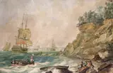 Shipping off the coast with figures landing on the shore Signed and by Nicholas Pocock, 1787, Watercolour, sold Mar 2017