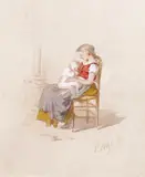 Looking after baby Signed Watercolour on pale buff paper 17.5 x 14.5cm; 7 x 5¾in General condition report Good condition by Paul-Constant Soyer, Watercolour on pale buff paper, sold Mar 2017