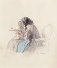 Tying off the stitch Signed and dated ~74 Watercolour by Charles Edouard Frère, Watercolour over pencil, on buff paper, sold Mar 2017