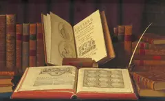 Trompe l~oeil stlll life of antiquarian books with a globe and spectacles by Louis Block, watercolour, sold Mar 2017