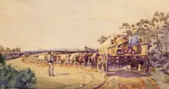 A wagon train; Italian scene Two, both watercolour 10 x 18cm; 4 x 7 and similar (2) by Richard Godfrey Rivers, watercolour, sold Mar 2017