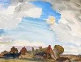 Cottages on the hill above the artist~s house Signed Watercolour 24 x 30cm; 9½ x 11¾in Provenance: Exhibited Royal Academy, 1943, No by George Clausen, Watercolour, sold Mar 2017