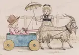 Children with a goat and cart; Teasing crabs A pair, both signed with initials Pen by Kate Greenaway, Pen, ink and watercolour on buff paper Each, sold Mar 2017