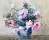 Pink peonies in a blue vase Signed Watercolour 22.5 x 27.25cm; 9 x 10¾in General condition report Good condition by Lester Sutcliffe, Watercolour, sold Mar 2017