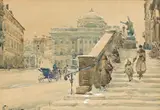 Figures on snowy steps in Warsaw Signed Watercolour on buff paper 16 x 23½cm; 6¼ x 9¼in General condition report Paper discoloured otherwise good condition by Wladyslaw T. Chmielinski, Watercolour on buff paper, sold Mar 2017