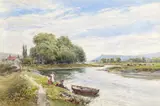 River landscape with figures by Charles Edmund Rowbotham, 1899, Watercolour, sold Mar 2017