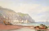 Fishing boats at low tide by a coastal town Signed Watercolour by Thomas Sewell Robbins, Watercolour over pencil, sold Mar 2017