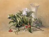 Still life of holly and mistletoe with a vase Signed and by George Sidney Shepherd N.W.S., 1853, Watercolour with bodycolour and gum arabic on buff paper, sold Mar 2017