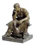 A bronzed terracotta figure of a blacksmith seated on his anvil, the base signed and with impressed marks 'REPRODUCION RESERVE 2654 245 55 by Emile Zago, sculpture, sold Jan 2017