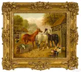 farmscene with horses by John Frederick Herring, Sr., oil on panel, sold Oct 2020
