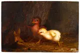 of two chicks and a salamander by Mary Russell Smith, oil on panel, sold Oct 2020