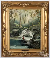 landscape with man fishing by Raphael Senseman, oil on canvas, sold Aug 2020