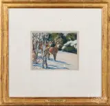 winter landscape with deer by Aiden Lassell Ripley, watercolor, sold Aug 2020