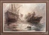 seascape with men hauling in nets by Richard Hasenfus, oil on canvas, sold Aug 2020