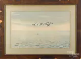 of a duck hunter shooting canvasback ducks from a sink box boat by P. C. Wharton, mixed media on paper, sold Aug 2020