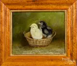 of two chicks in a basket by Ben Austrian, oil on canvas, sold Jun 2020