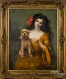 of a woman with a dog by Auguste-Émile Bellet, oil on canvas, sold Jun 2020