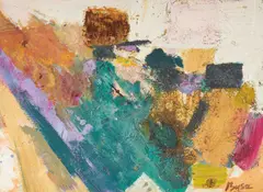 Cycle by Peter Busa, oil and collage on board, sold Sep 2021