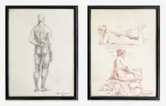 Pair of 2 figure studies by John Drummond, charcoal and red crayon on paper, sold Oct 2021