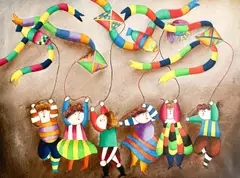 Untitled (Colorful Kites) by Joyce Roybal, oil on canvas, sold Oct 2021