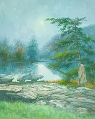 Moon and Lake Scene by Hyun Bo Yoo, oil on canvas (unstretched), sold Oct 2021