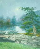 Moon and Lake Scene by Hyun Bo Yoo, oil on canvas (unstretched), sold Oct 2021