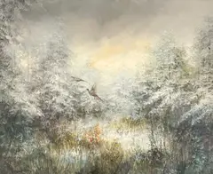 Winter Dawn by Peter Brouwer, oil on canvas (unstretched), sold Oct 2021