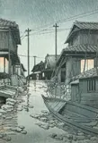 Evening Rain at Kawarago by Kawase Hasui, woodblock print in grey tones of a village in the rain, sold Nov 2021