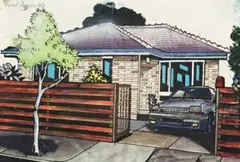 Family Home by Howard Arkley, 1990, gouache and ink on printed paper, offered Aug 2009