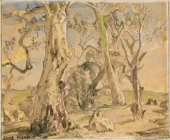 Charleston Landscape by Hans Heysen, charcoal, pastel and coloured pencil on paper on card, sold Aug 2009