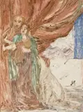 Man, Woman And Child In Period Costume With Dog by Jeanne Heloise Morel, c.1898, colour monotype on paper, sold Aug 2009
